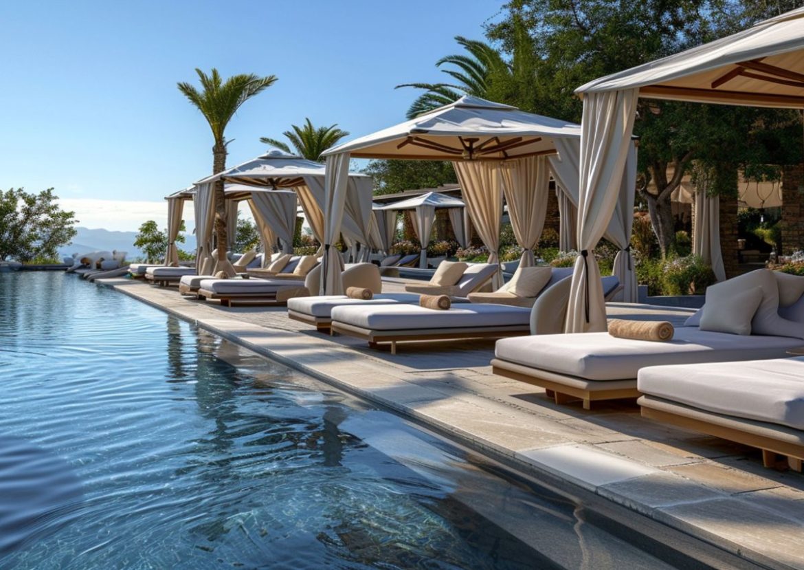 Transats et cabanas au bord d'une piscine extérieure avec vue sur l'océan, idéal pour un séjour à l'Hôtel de la baie.