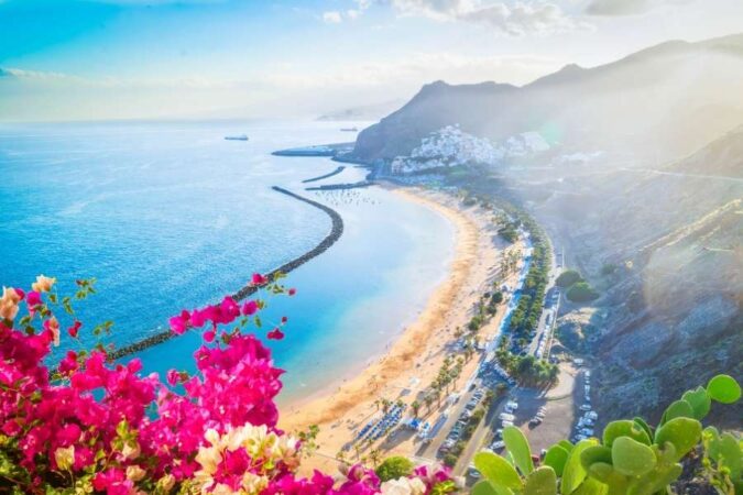 Vue panoramique sur une île de vacances avec une plage de sable doré, une mer turquoise et des fleurs roses au premier plan.